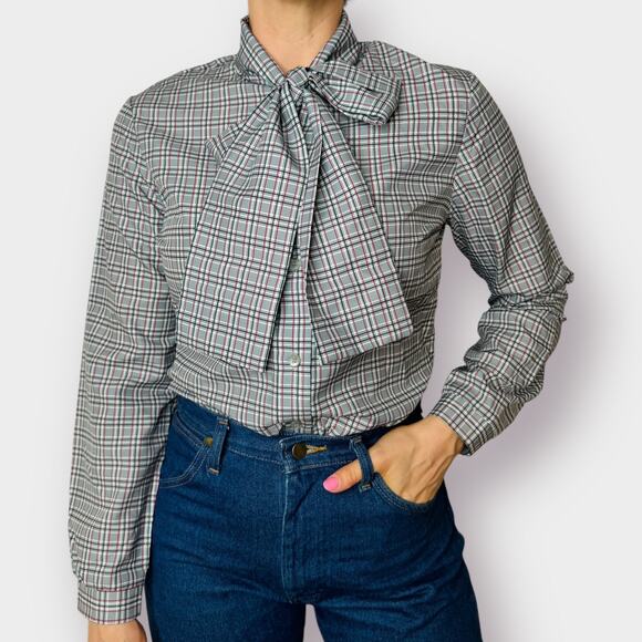 Vintage 70s‎ The Branch Plaid blouse with Bow - Picture 1 of 6